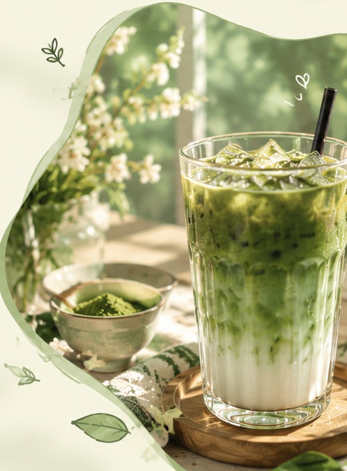 Layered iced matcha latte with matcha powder and bamboo whisk